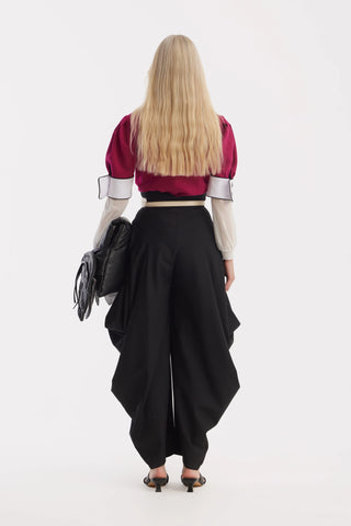 Couture Draped Wide-Leg Pants – Black