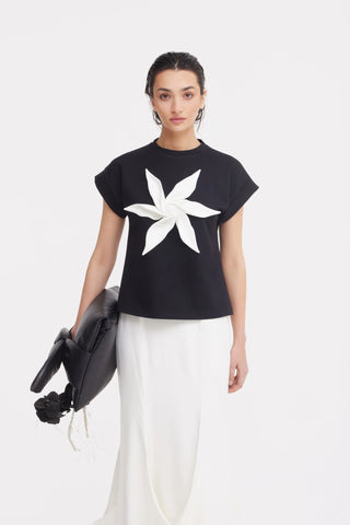 Crew-Neck Jersey T-Shirt With Flower - Black