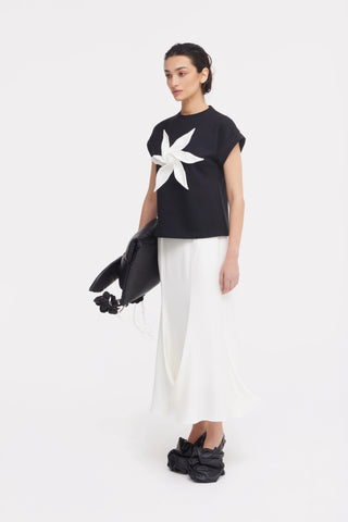 Crew-Neck Jersey T-Shirt With Flower - Black