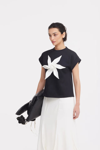 Crew-Neck Jersey T-Shirt With Flower - Black