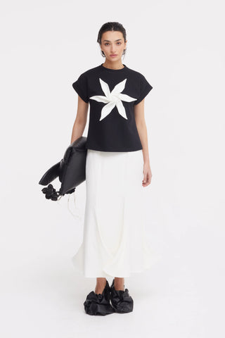 Crew-Neck Jersey T-Shirt With Flower - Black