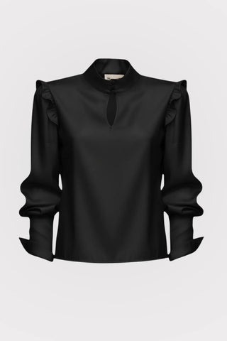Designer Satin Blouse With Bishop Sleeves And Stand Collar – Black