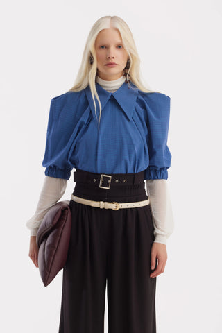 Designer Plaid Puff Sleeve Blouse – Blue