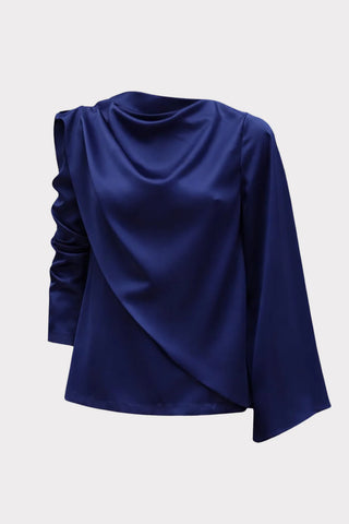 Draped Satin Blouse With Asymmetrical Sleeve Navy