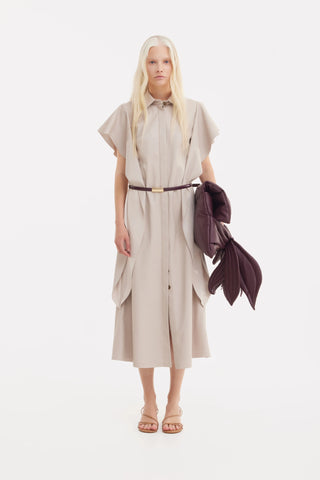 Draped Sleeve Faux Leather Midi Dress – Beige