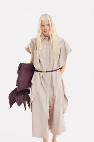 Draped Sleeve Faux Leather Midi Dress – Beige