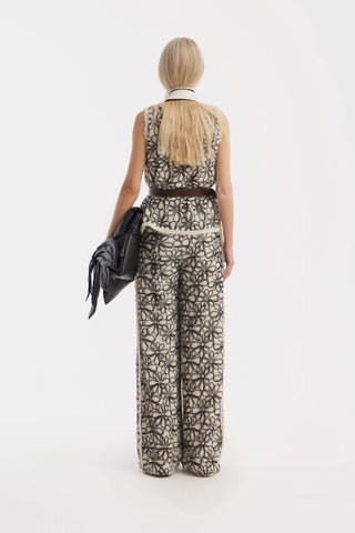 Elastic Waist Abstract Textured Wide Pants - Ivory