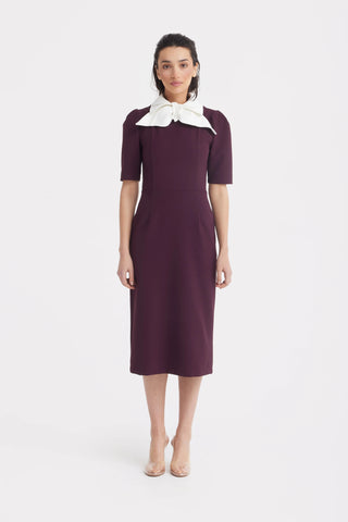 Rochie midi cu guler-fundă contrastant — bordo cu ivoire