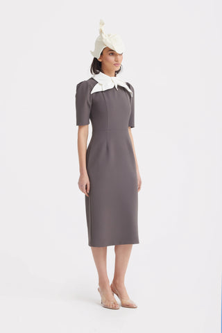 Rochie midi elegantă cu guler contrastant tip fundă — taupe