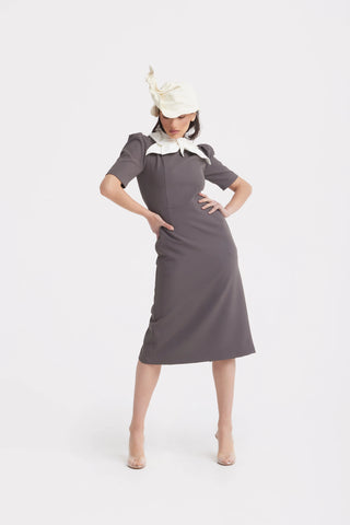 Rochie midi elegantă cu guler contrastant tip fundă — taupe