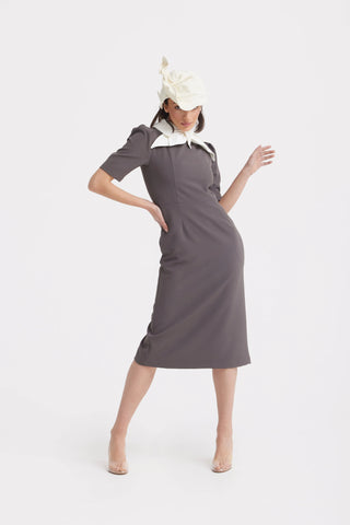 Rochie midi elegantă cu guler contrastant tip fundă — taupe