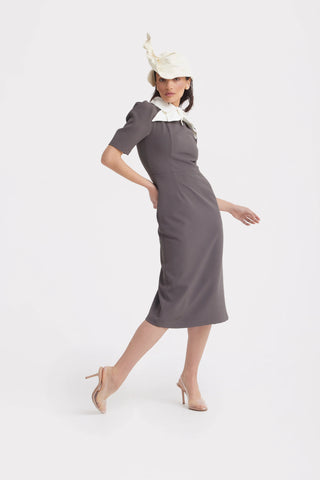 Rochie midi elegantă cu guler contrastant tip fundă — taupe