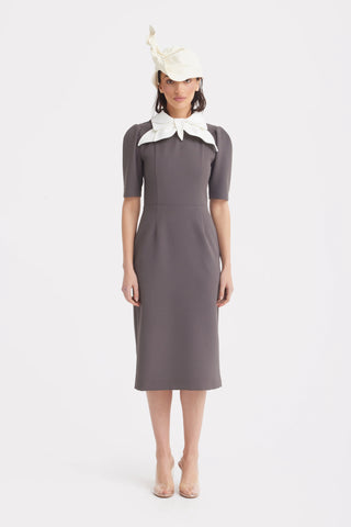 Rochie midi elegantă cu guler contrastant tip fundă — taupe