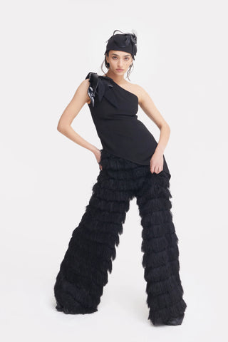 Pantaloni Palazzo de Seară cu Franjuri – Negri