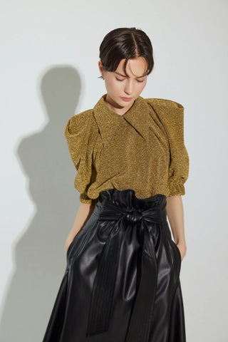 Evening Metallic Knit Puff Sleeve Blouse - Gold