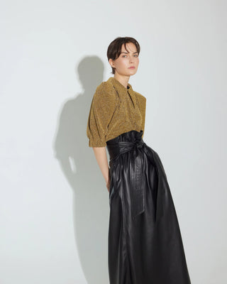 Evening Metallic Knit Puff Sleeve Blouse - Gold