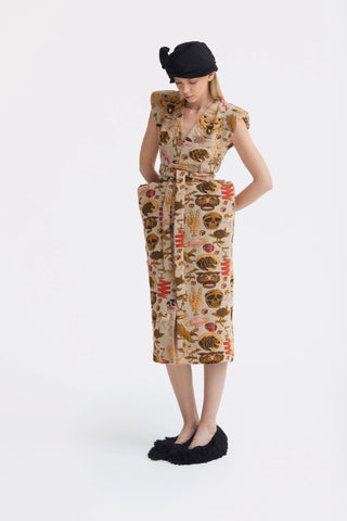 Rochie midi cu centură și umeri accentuați din jacquard, culoare bej