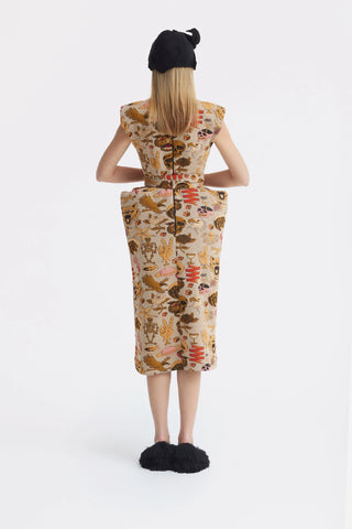 Rochie midi cu centură și umeri accentuați din jacquard, culoare bej