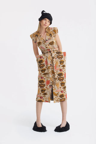 Rochie midi cu centură și umeri accentuați din jacquard, culoare bej