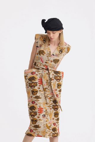 Rochie midi cu centură și umeri accentuați din jacquard, culoare bej