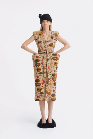 Rochie midi cu centură și umeri accentuați din jacquard, culoare bej