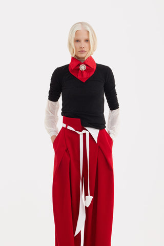 Fashion Forward Wide-Leg Pants & Contrast Belt - Red