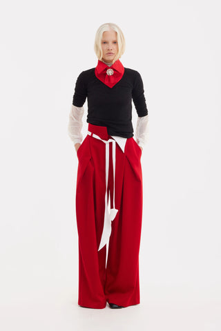 Fashion Forward Wide-Leg Pants & Contrast Belt - Red