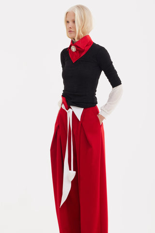 Fashion Forward Wide-Leg Pants & Contrast Belt - Red