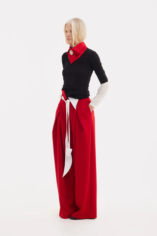 Fashion Forward Wide-Leg Pants & Contrast Belt - Red
