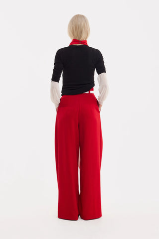 Fashion Forward Wide-Leg Pants & Contrast Belt - Red