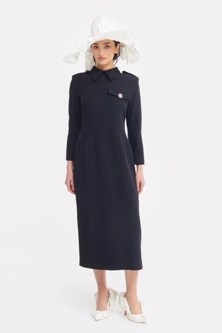 Fitted Long Sleeve Dress With Stand-Up Collar Black