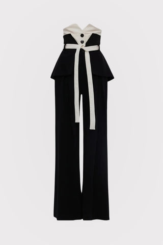 Pantaloni evazați cu talie tip corset — negru-alb
