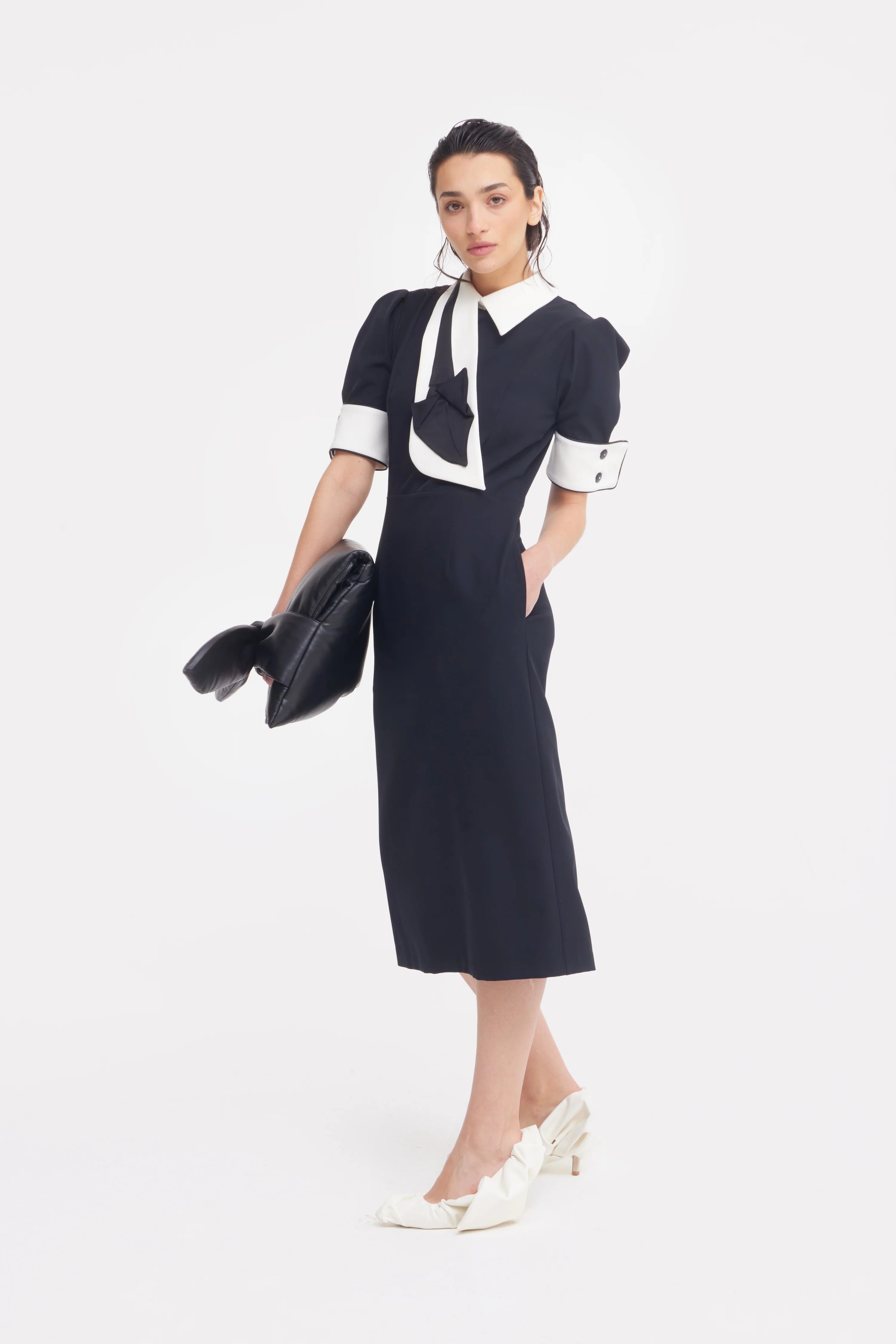 black fitted dress with white collar Black Fitted Dress White Collar Dress Lantern Sleeve Dress Romantic Date Dress