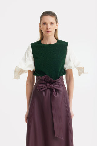 Green Lurex Knit Top With Adjustable Satin Sleeves