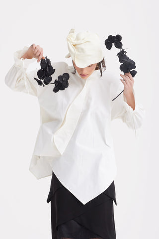 High Neck Draped Cotton Blouse - White