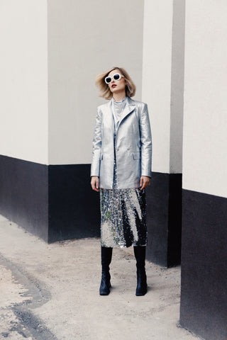 Sequin Midi Pencil Skirt Silver