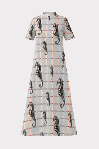 Rochie fluidă A-line bleu pal cu imprimeu căluți de mare și model grafic tip grid – Capsule Edition