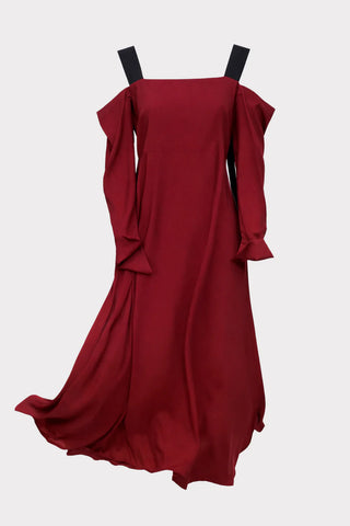 Rochie midi cu umerii goi și bretele contrastante – Bordo
