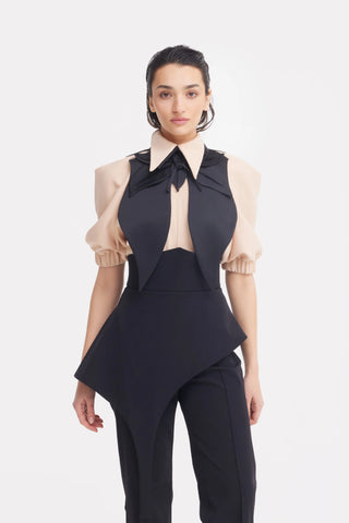 Guler tip bavetă oversized din satin — negru