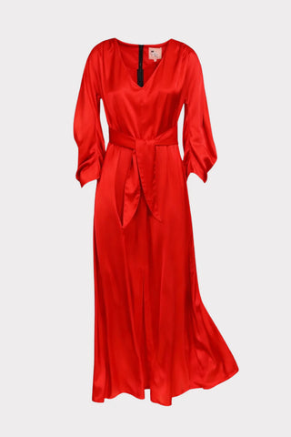 Rochie satinată până la gleznă cu cordon — roșu