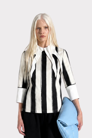 Semi-Formal Striped Blouse With Double Contrasting Details - Black Ivory - Capsule Edition