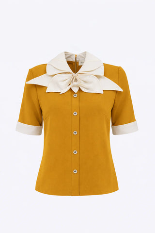 Short Sleeve Formal Bow Blouse - Mustard