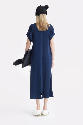 Silky Touch Midi Dark Blue Dress With Handmade Floral Appliqué