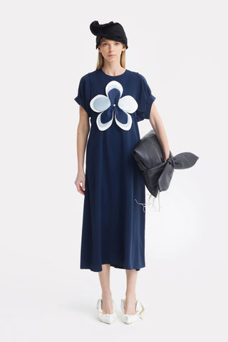 Silky Touch Midi Dark Blue Dress With Handmade Floral Appliqué