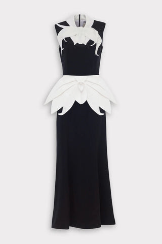 Rochie Maxi Neagră de Seară cu Guler Floral