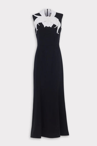 Rochie Maxi Neagră de Seară cu Guler Floral