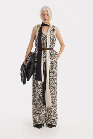 Elastic Waist Abstract Textured Wide Pants - Ivory