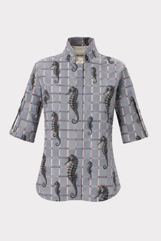 Stand Collar Short Sleeve Blouse – Pale Blue Seahorse Check Print – Capsule Edition