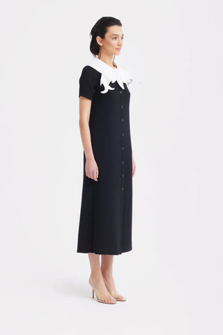 Straight Midi Shirt Dress With Adjustable Collar – Black