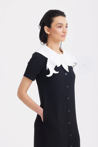 Straight Midi Shirt Dress With Adjustable Collar – Black